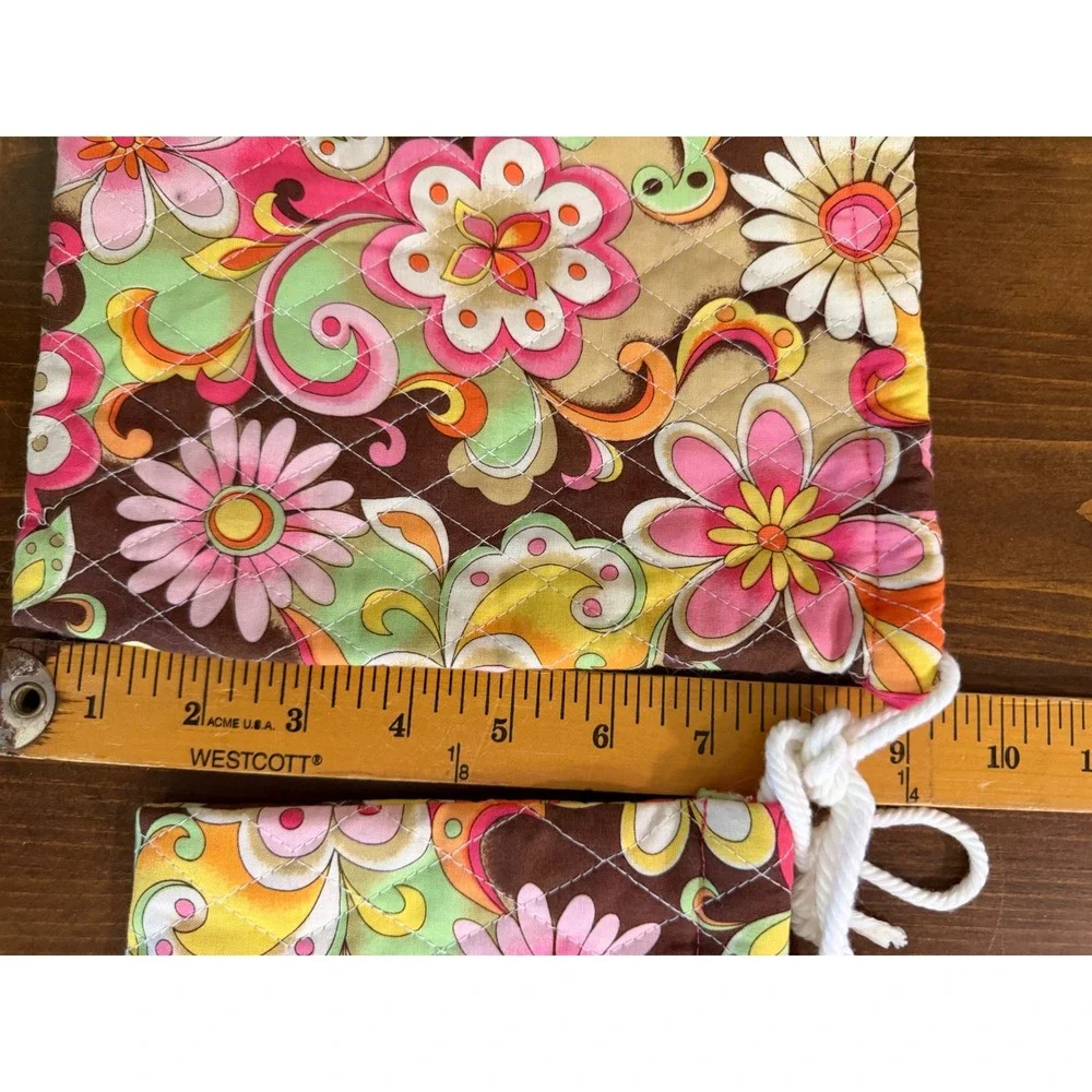 Quilted Floral Paisley Drawstring Pouch Set Retro Pink Orange Green 2pc Bag